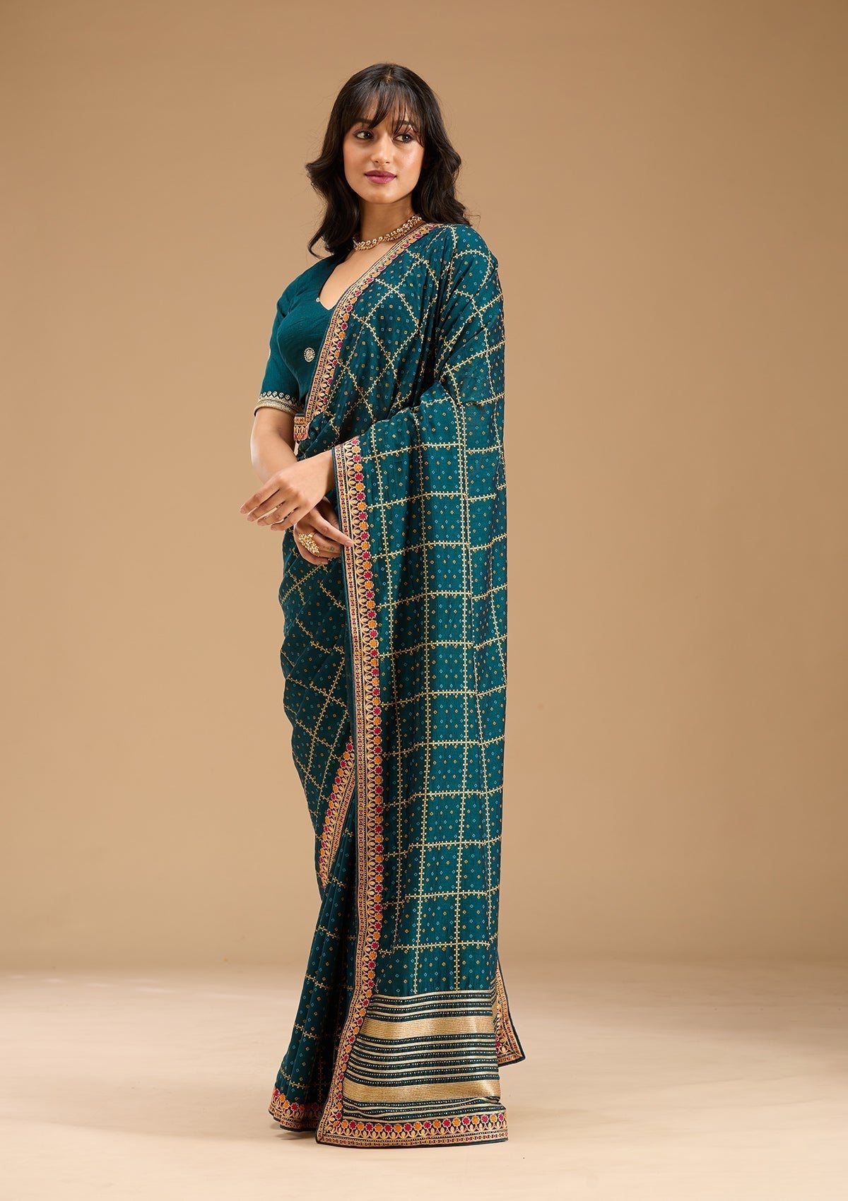 Peacock Blue Gold Zariwork Soft Raw Silk Saree