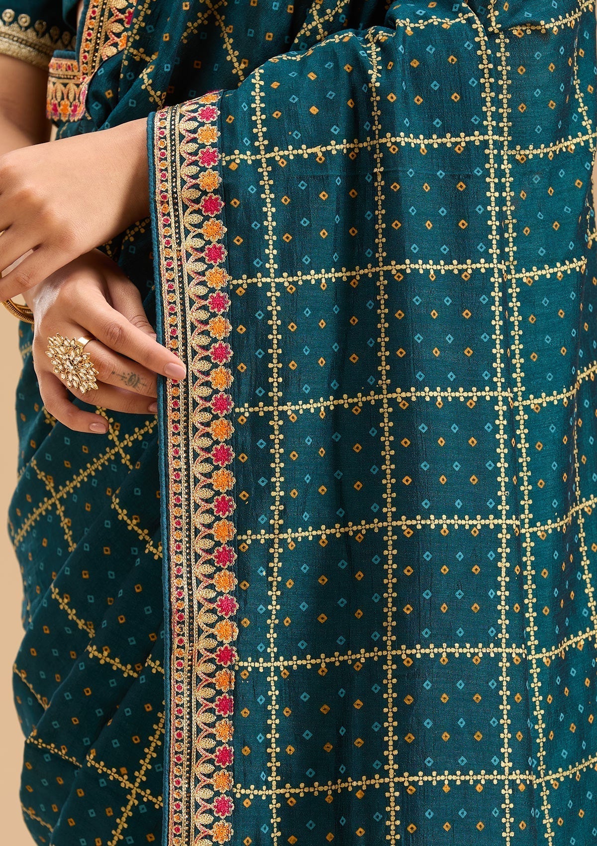 Peacock Blue Gold Zariwork Soft Raw Silk Saree