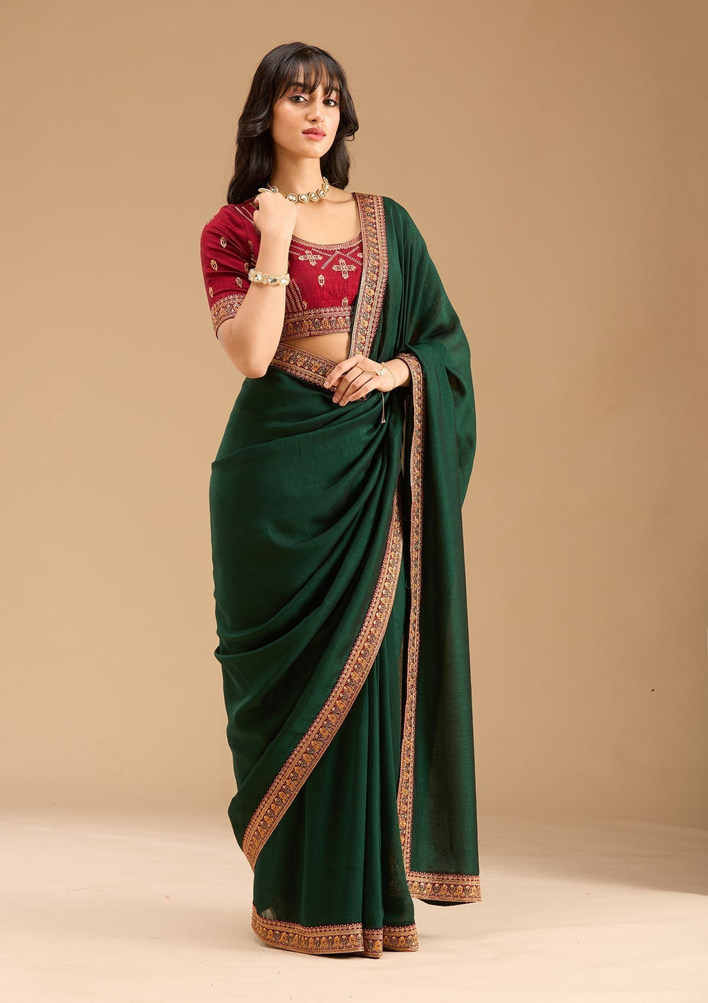 Bottle Green Gold Zariwork Soft Raw Silk Saree