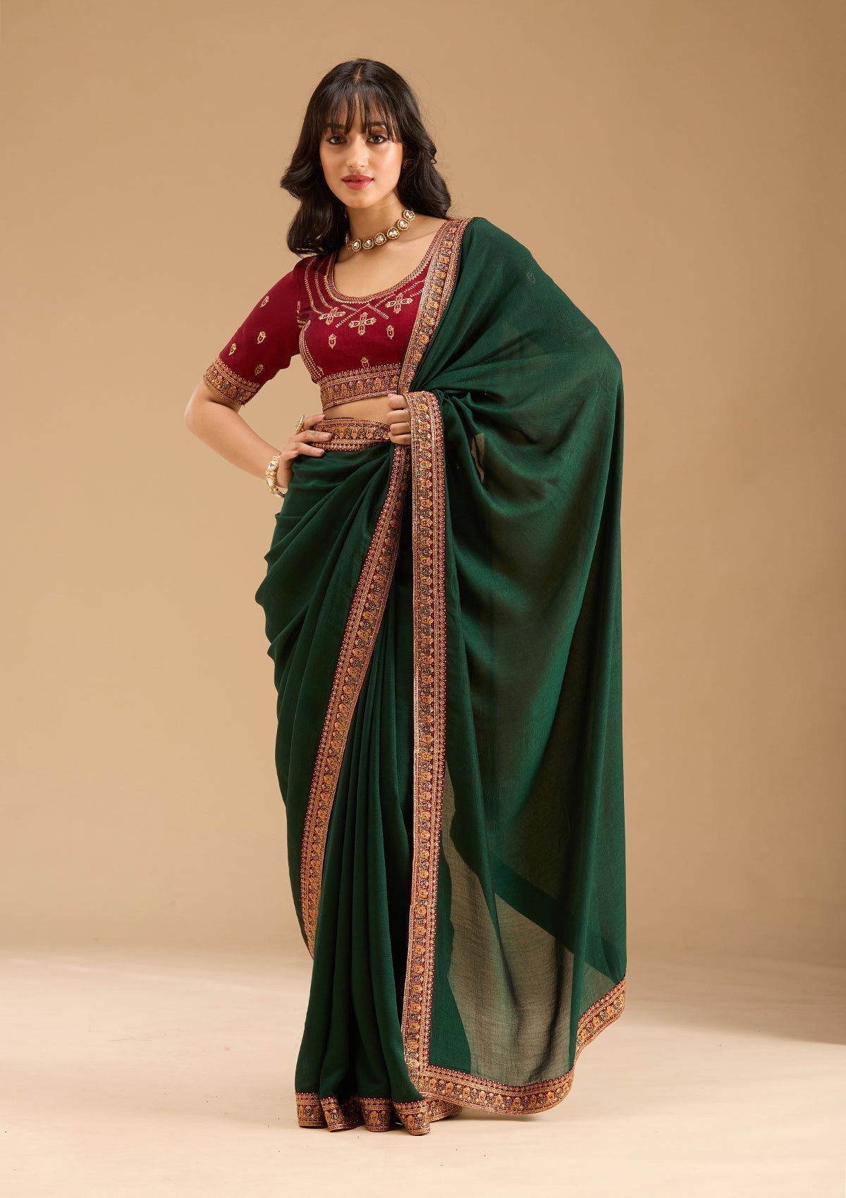Bottle Green Gold Zariwork Soft Raw Silk Saree