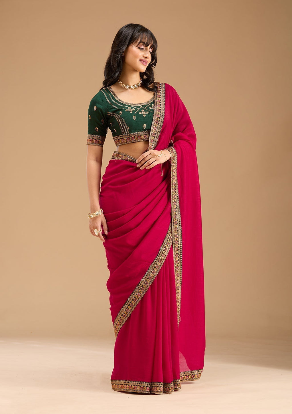 Rani Pink Gold Zariwork Soft Raw Silk Saree