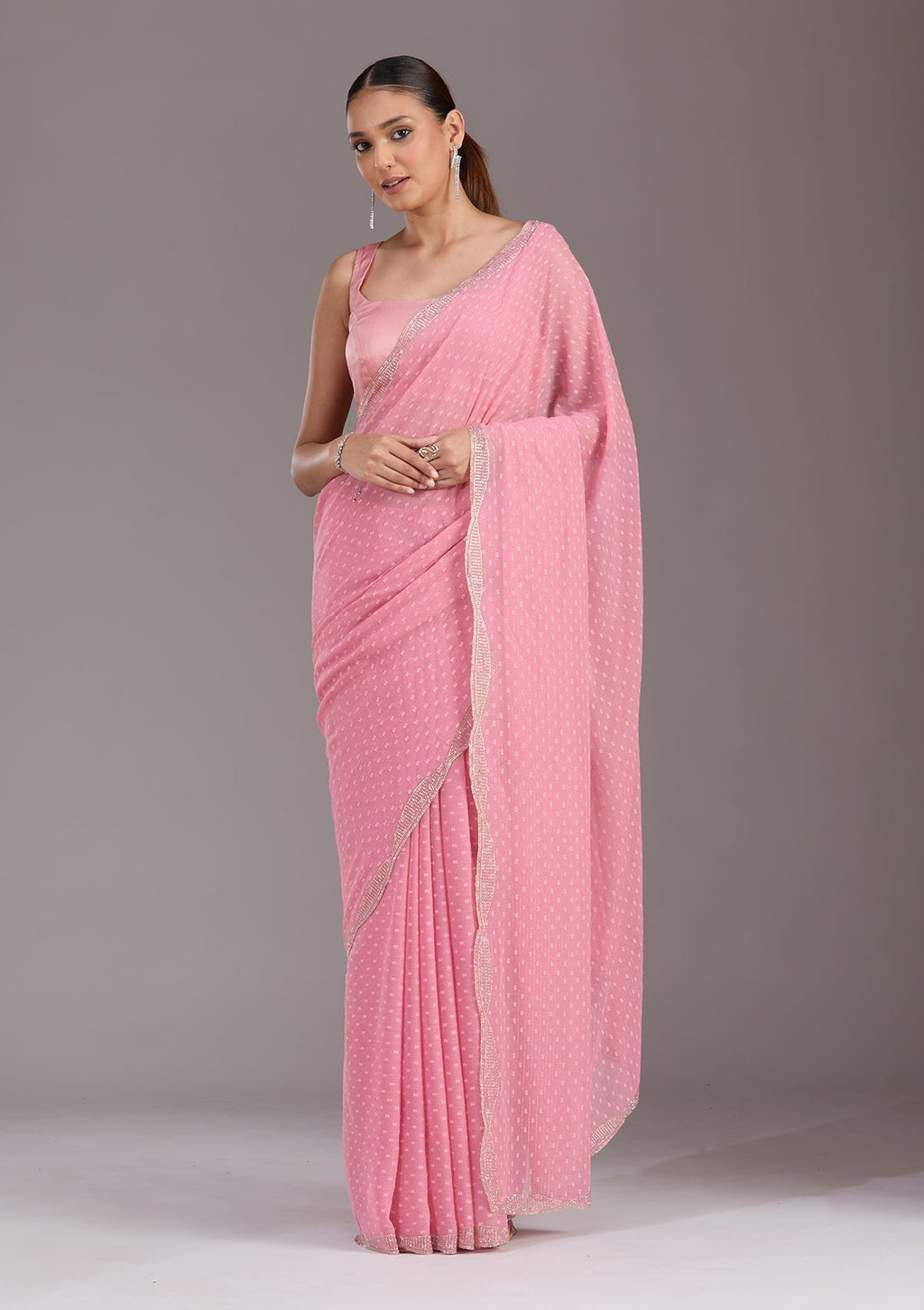 Gajari Pink Stonework (Silver) Chiffon Saree
