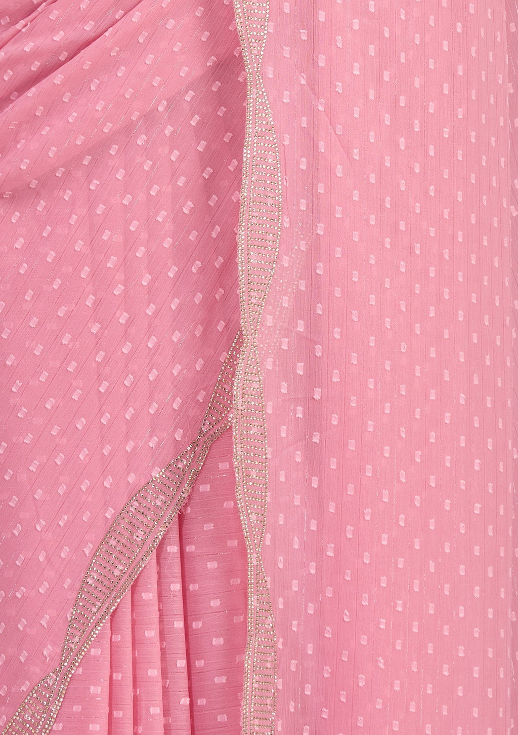 Gajari Pink Stonework (Silver) Chiffon Saree