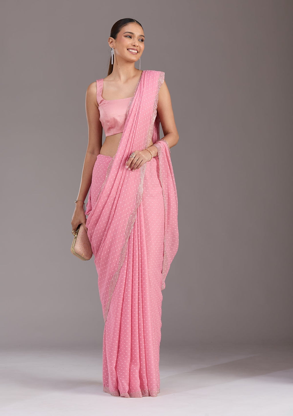 Gajari Pink Stonework (Silver) Chiffon Saree