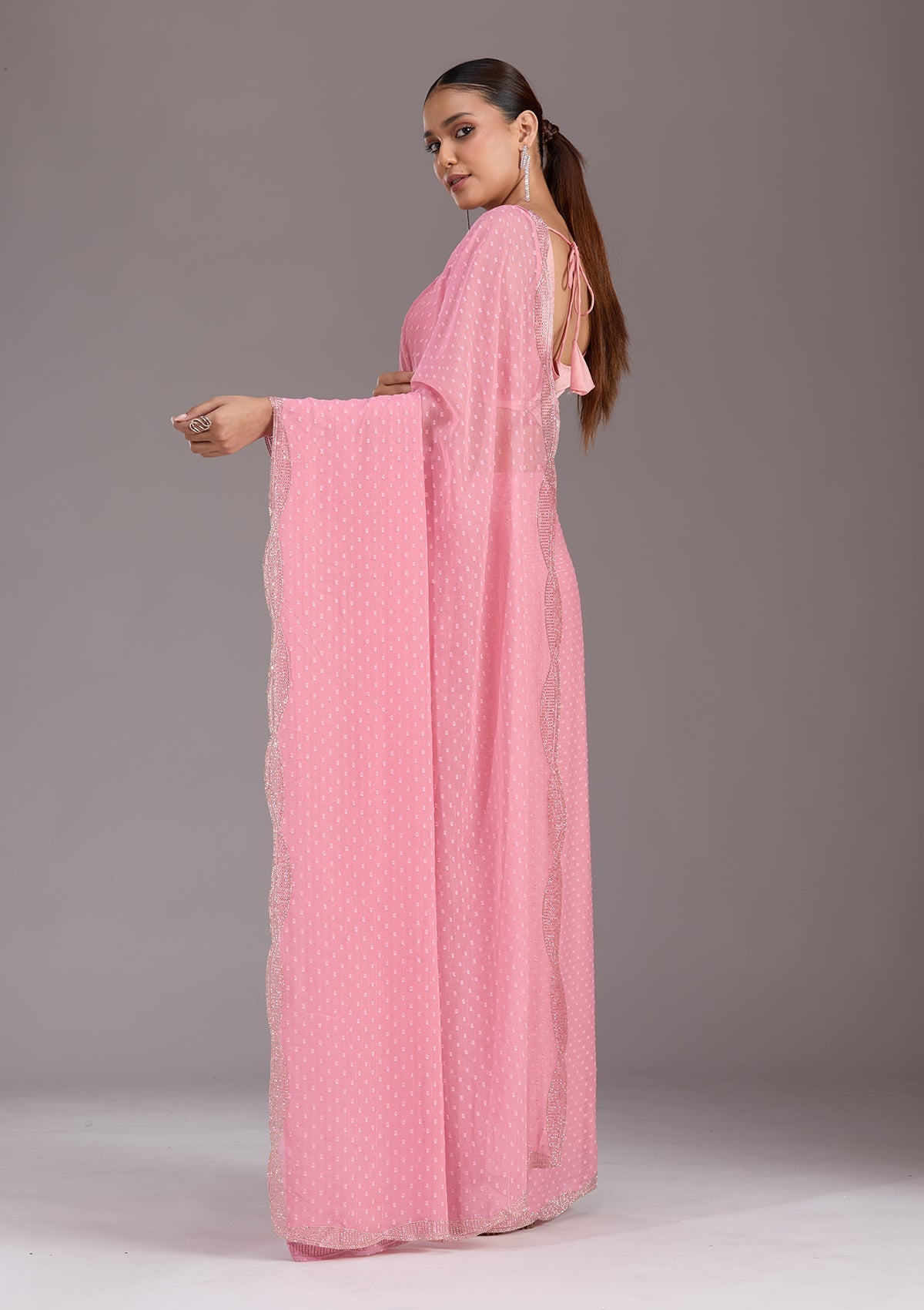 Gajari Pink Stonework (Silver) Chiffon Saree