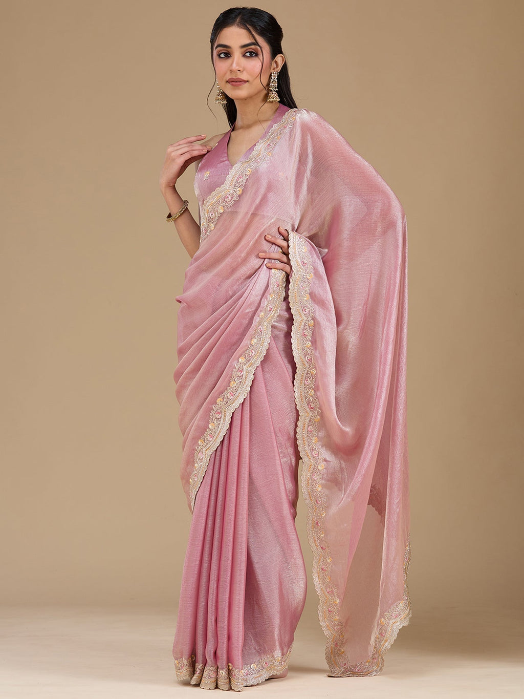 Onion Pink Zariwork (Gold) Tissue Saree