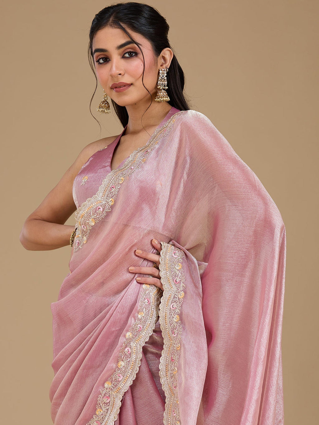 Onion Pink Zariwork (Gold) Tissue Saree