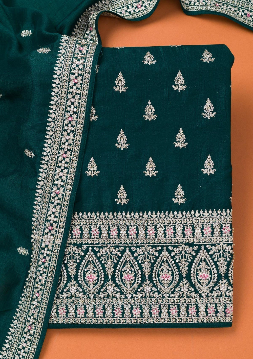 Bottle Green Zariwork Art Silk Unstitched Salwar Suit