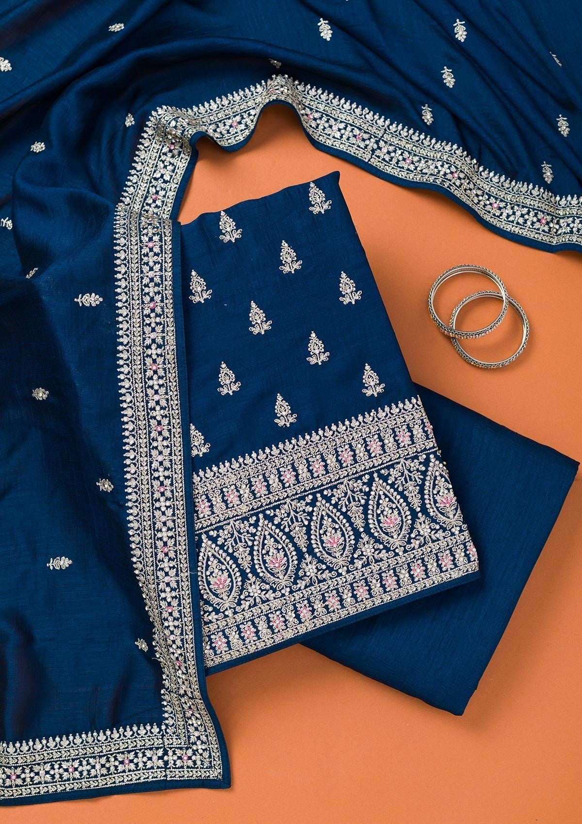 Peacock Blue Zariwork Art Silk Unstitched Salwar Suit