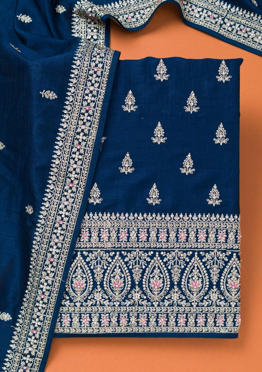 Peacock Blue Zariwork Art Silk Unstitched Salwar Suit
