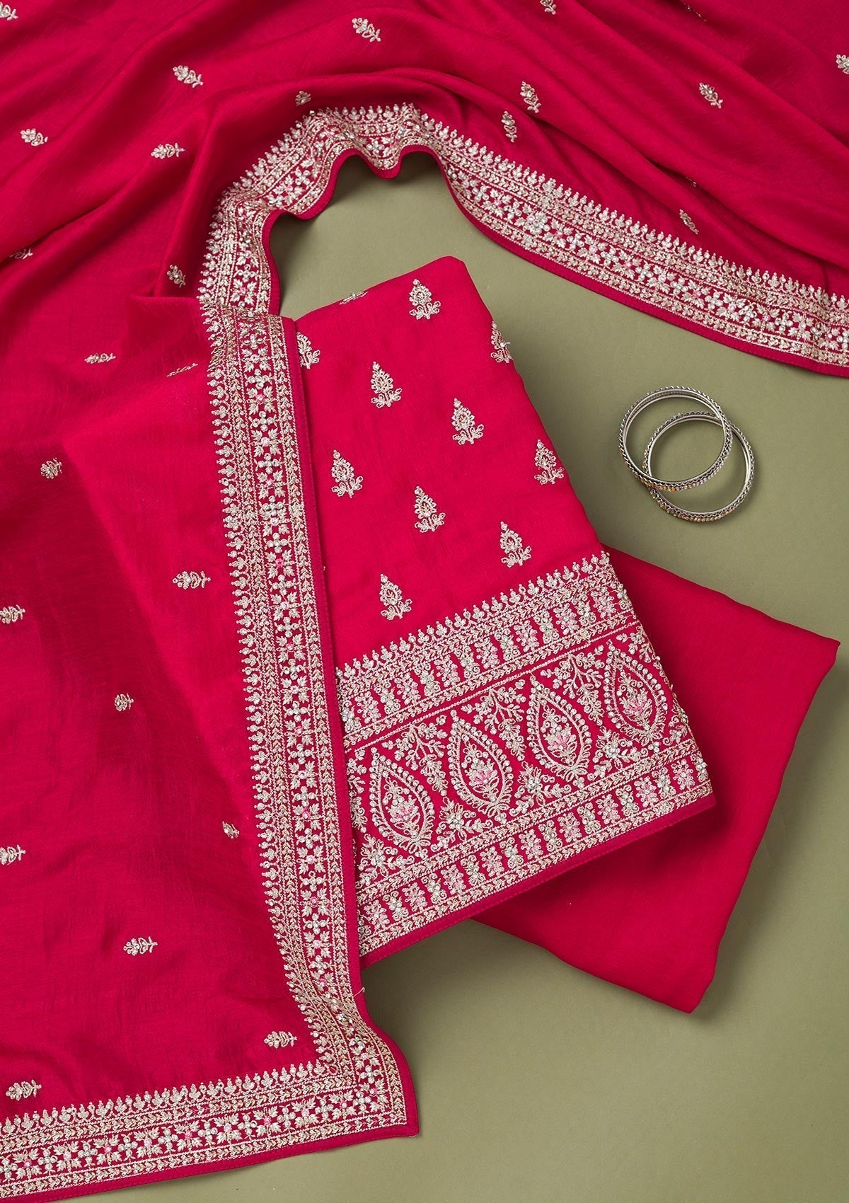 Rani Pink Zariwork Art Silk Unstitched Salwar Suit