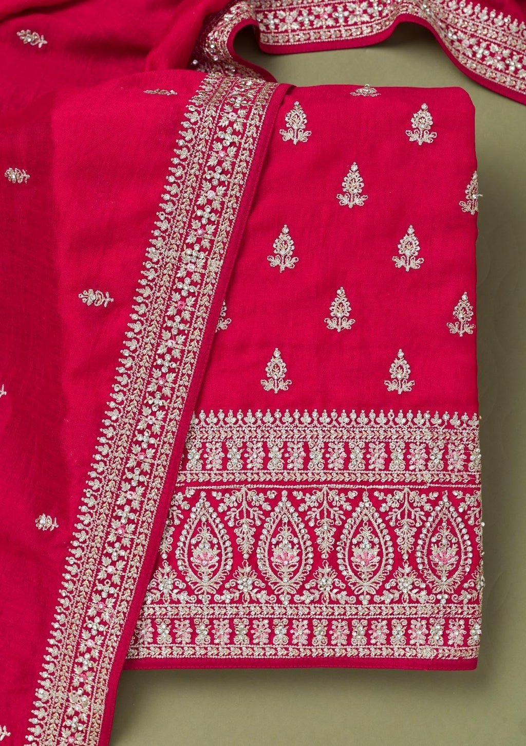 Rani Pink Zariwork Art Silk Unstitched Salwar Suit