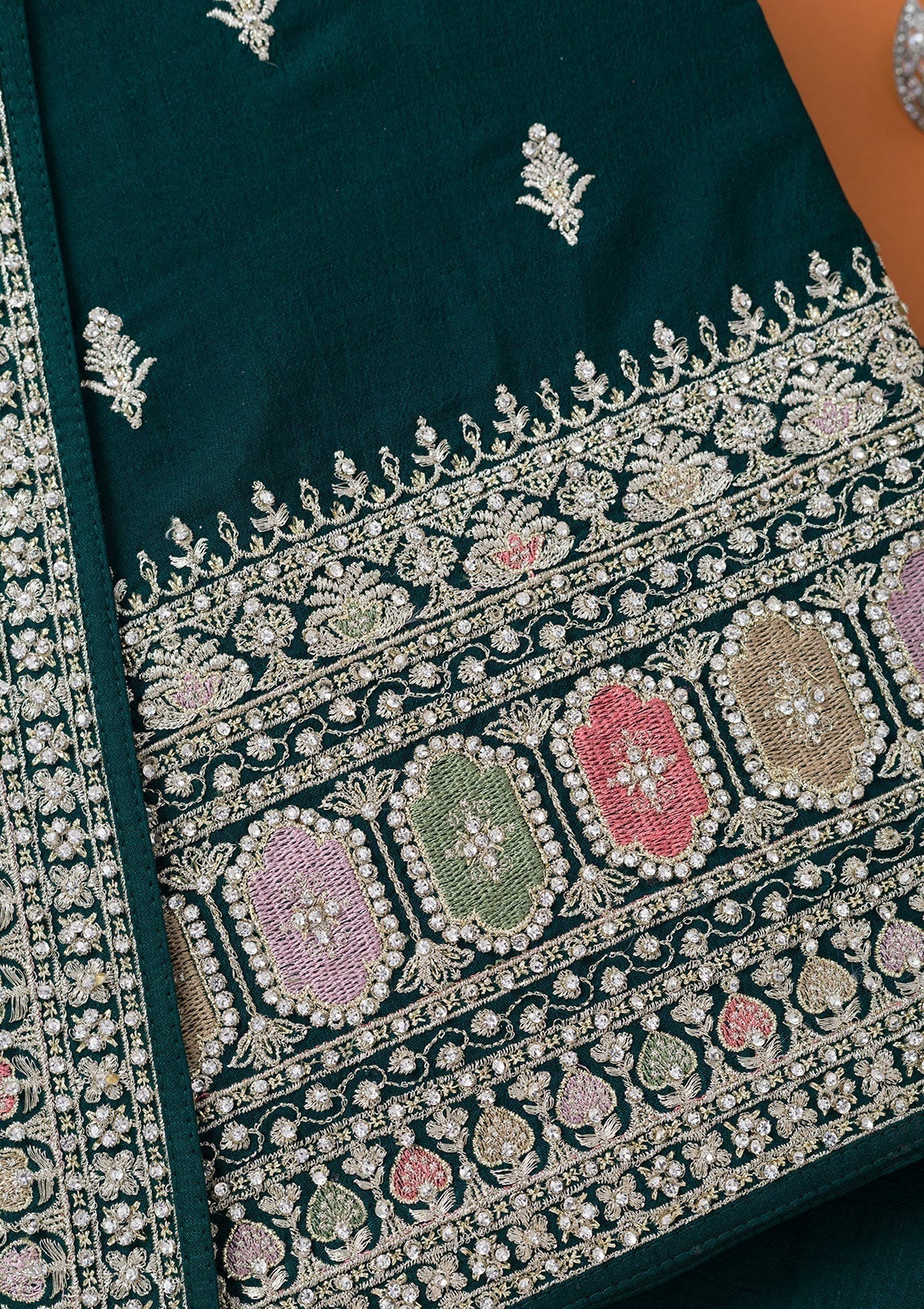 Bottle Green Zariwork Art Silk Unstitched Salwar Suit