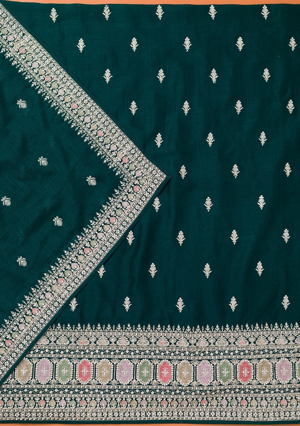 Bottle Green Zariwork Art Silk Unstitched Salwar Suit