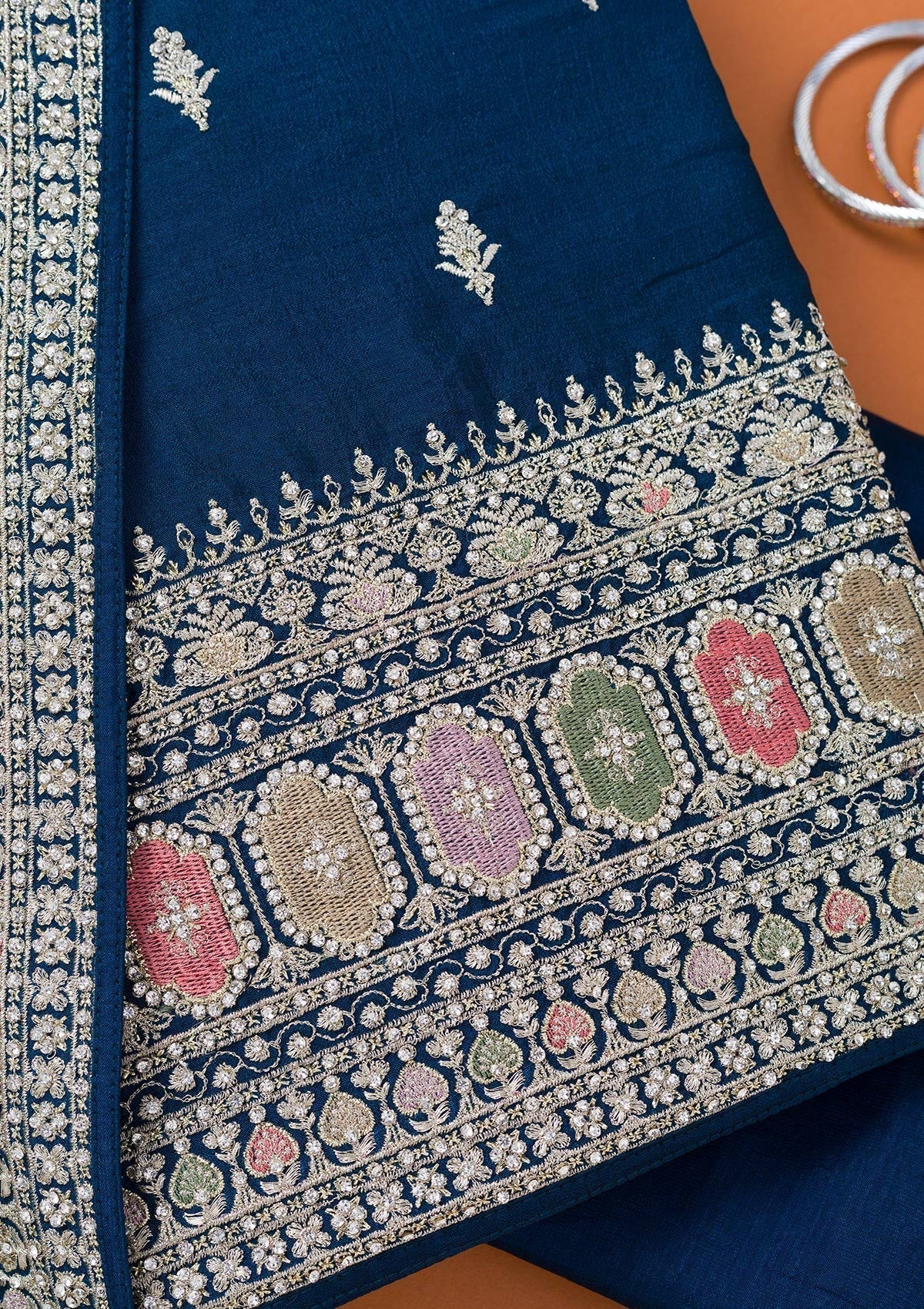 Peacock Blue Zariwork Art Silk Unstitched Salwar Suit