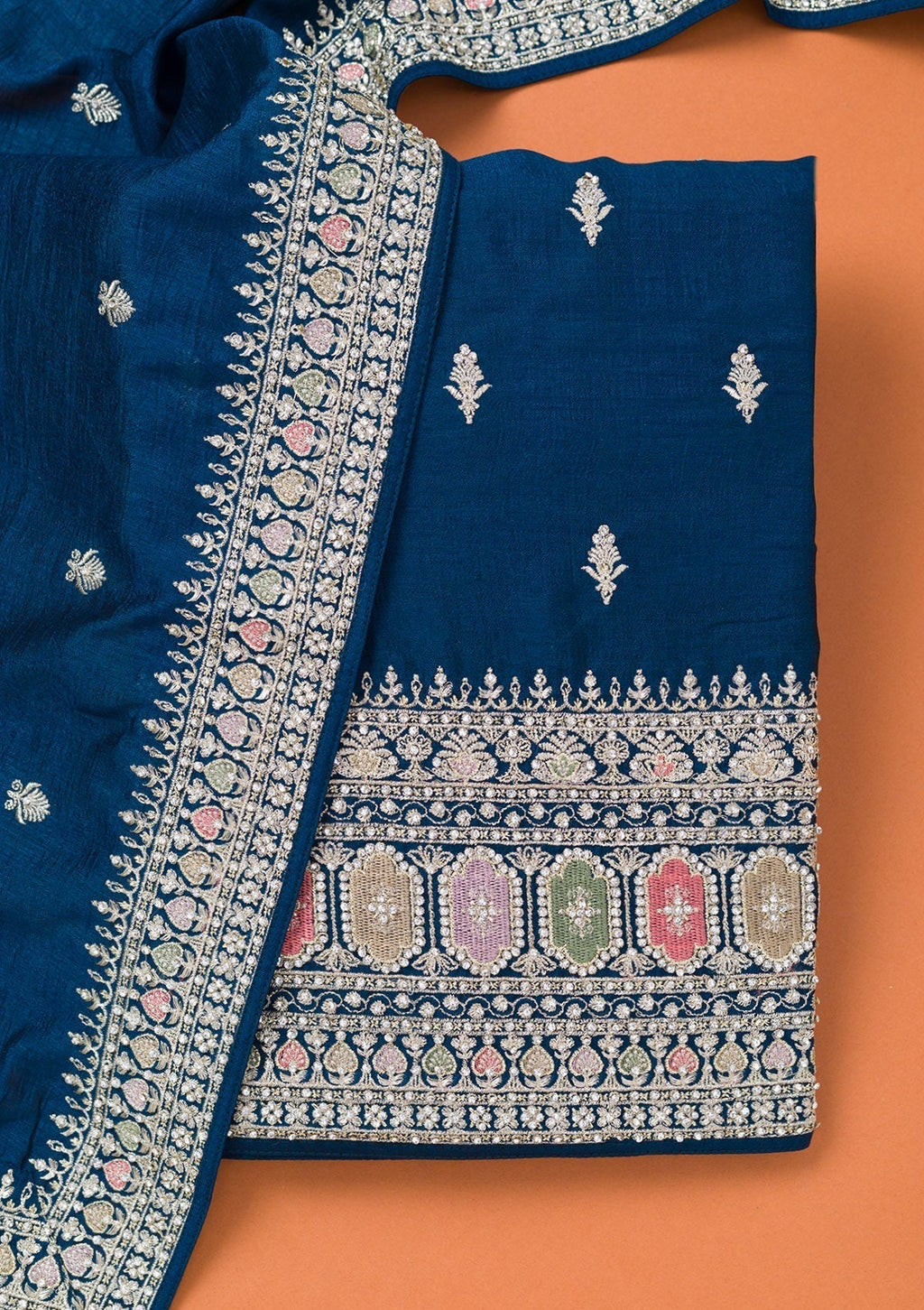 Peacock Blue Zariwork Art Silk Unstitched Salwar Suit