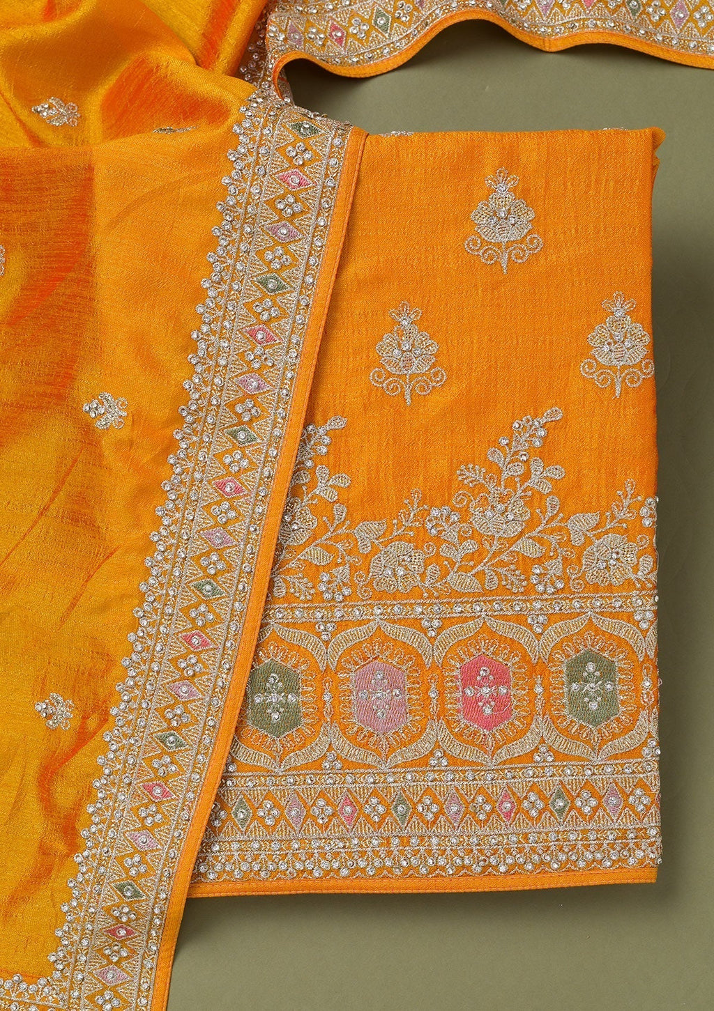 Mustard Zariwork Art Silk Unstitched Salwar Suit