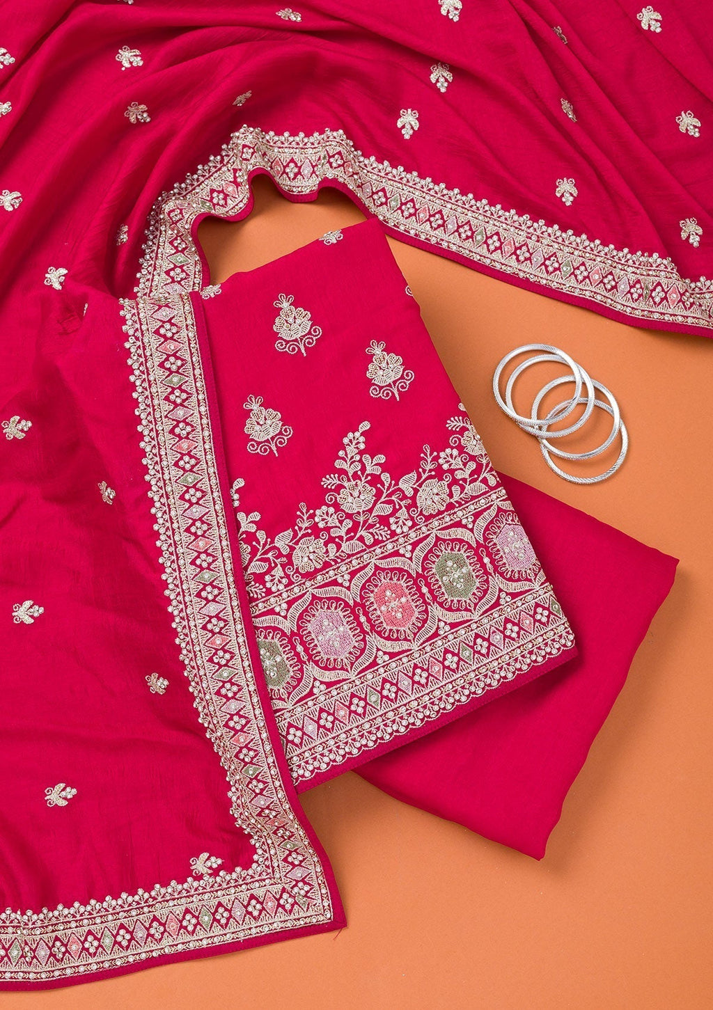 Rani Pink Zariwork Art Silk Unstitched Salwar Suit