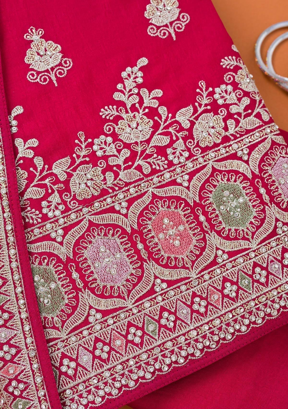 Rani Pink Zariwork Art Silk Unstitched Salwar Suit