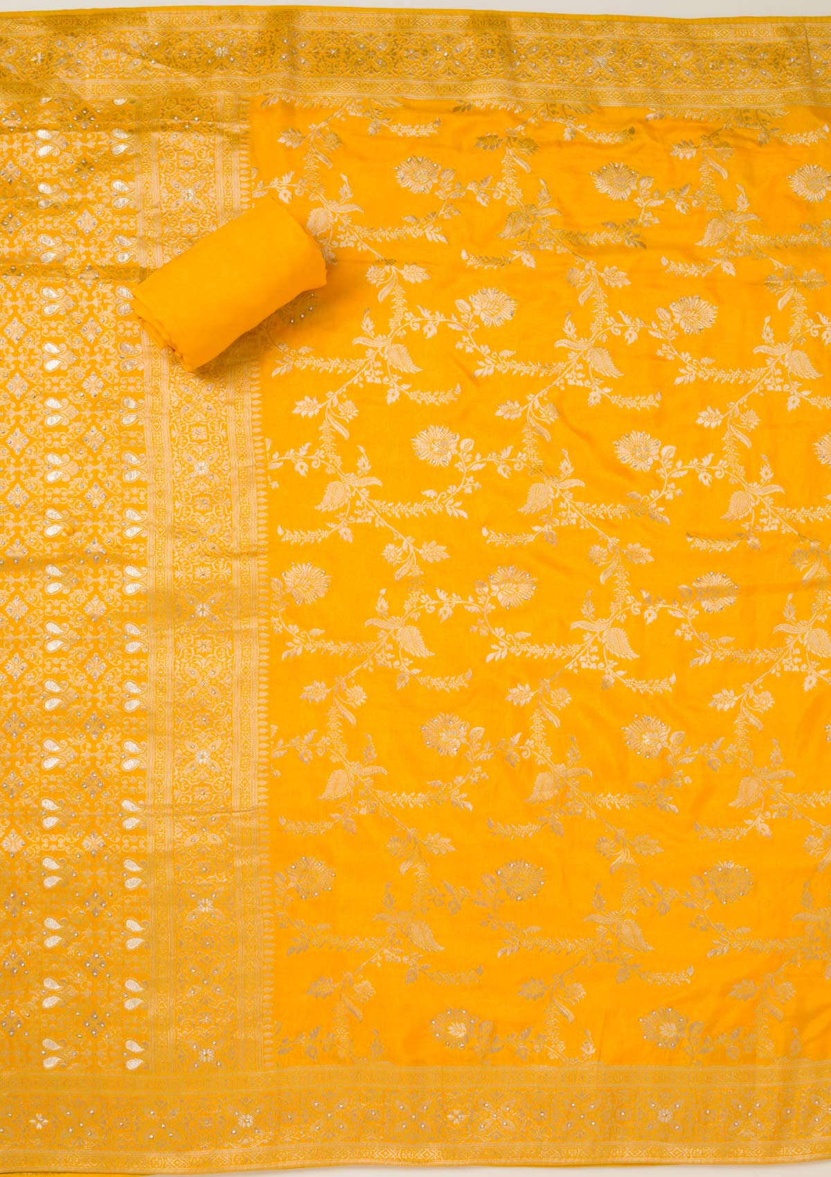 Yellow Zariwork Art Silk Unstitched Salwar Suit