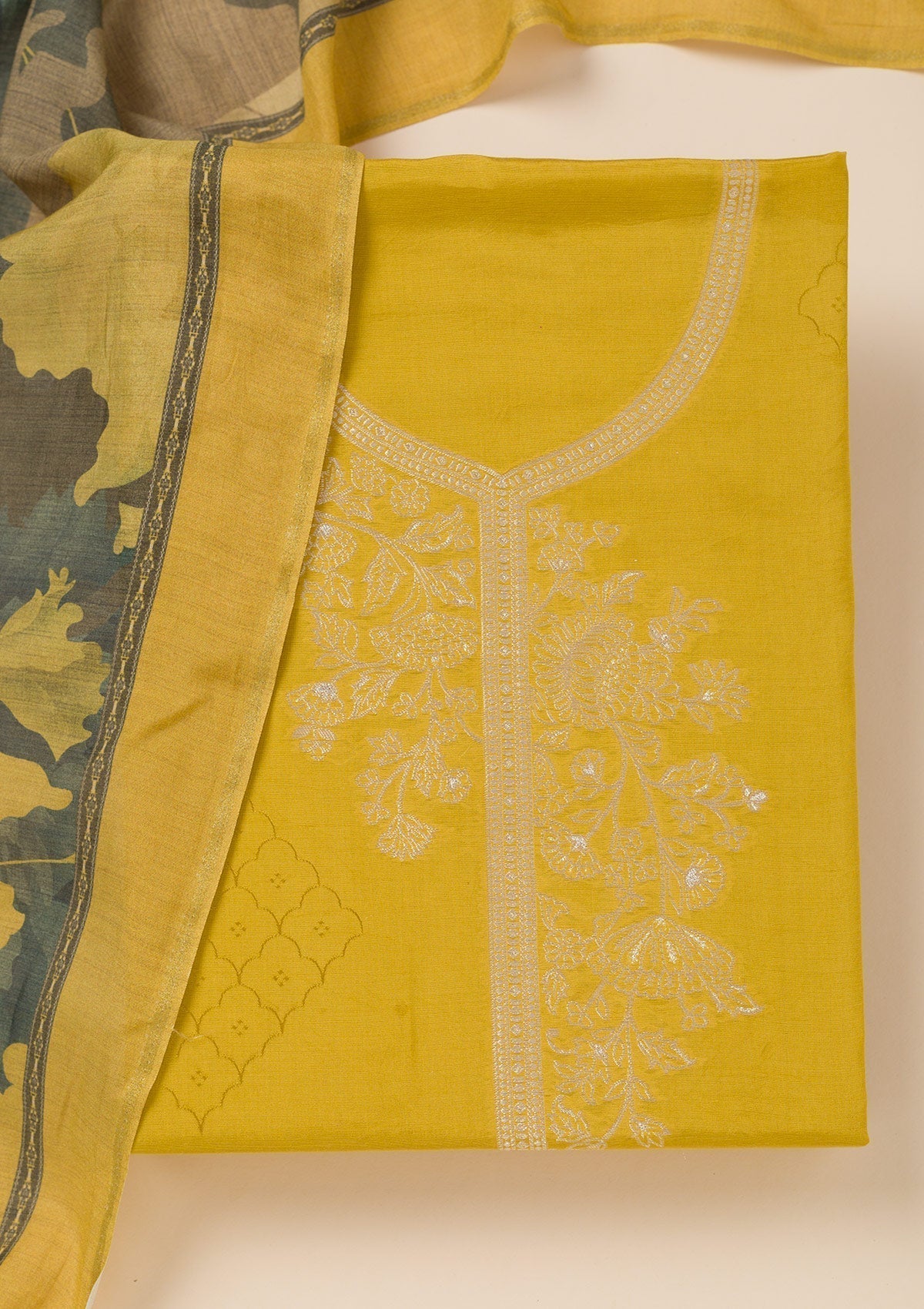 Mustard Zariwork Art Silk Unstitched Salwar Suit