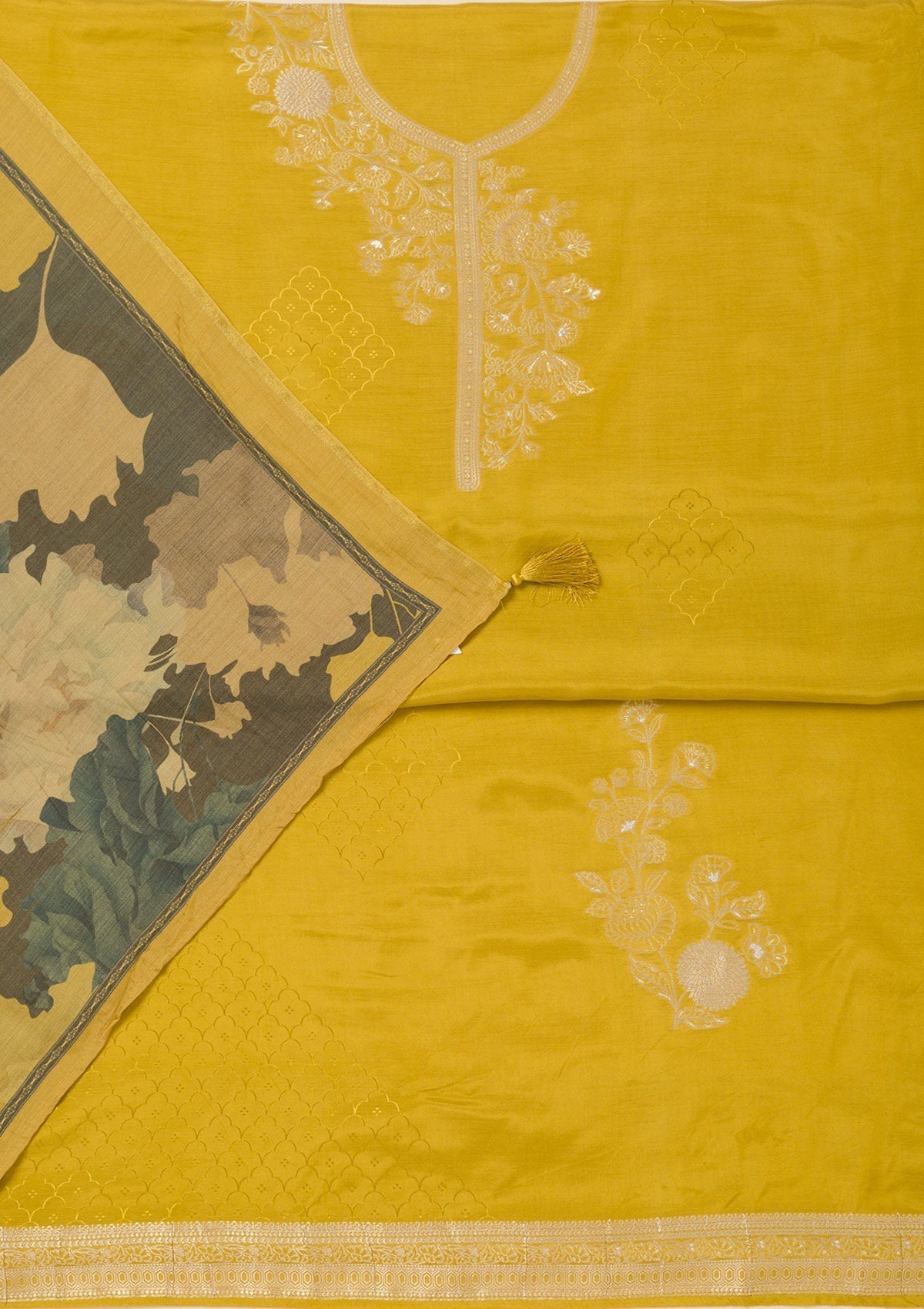 Mustard Zariwork Art Silk Unstitched Salwar Suit