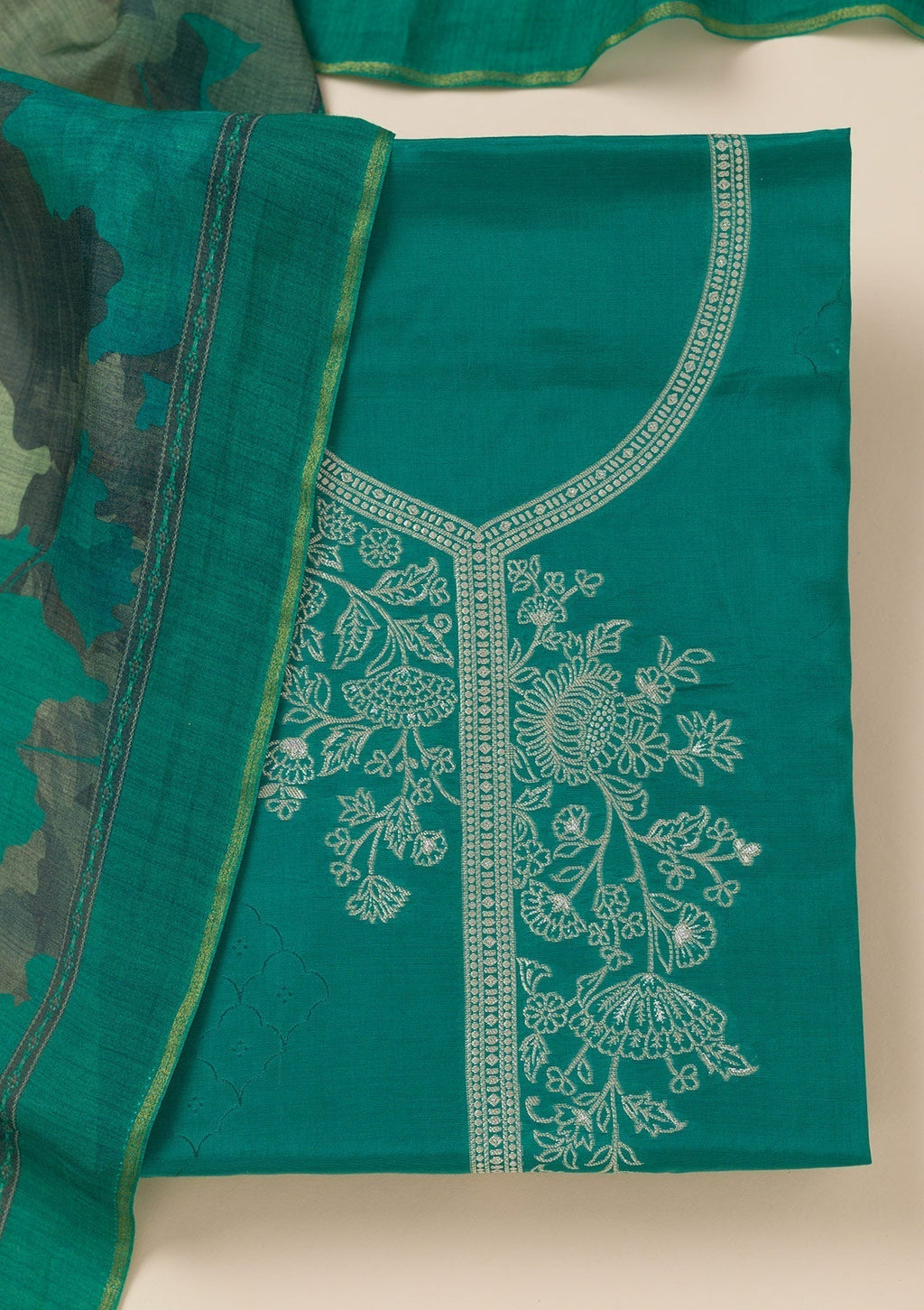 Sea Green Zariwork Art Silk Unstitched Salwar Suit