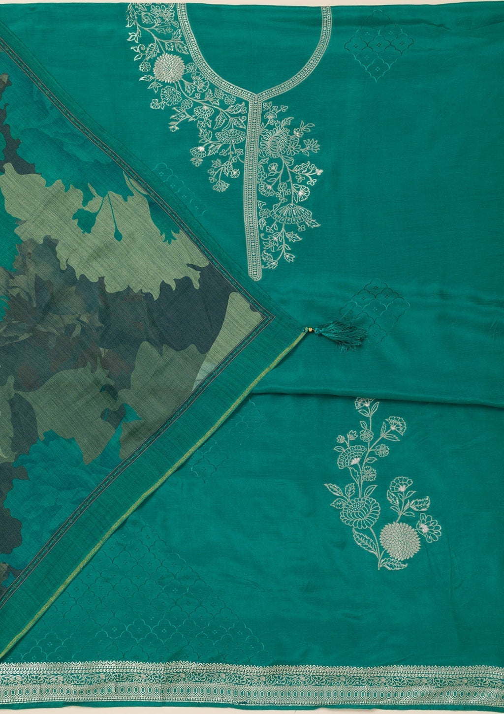 Sea Green Zariwork Art Silk Unstitched Salwar Suit