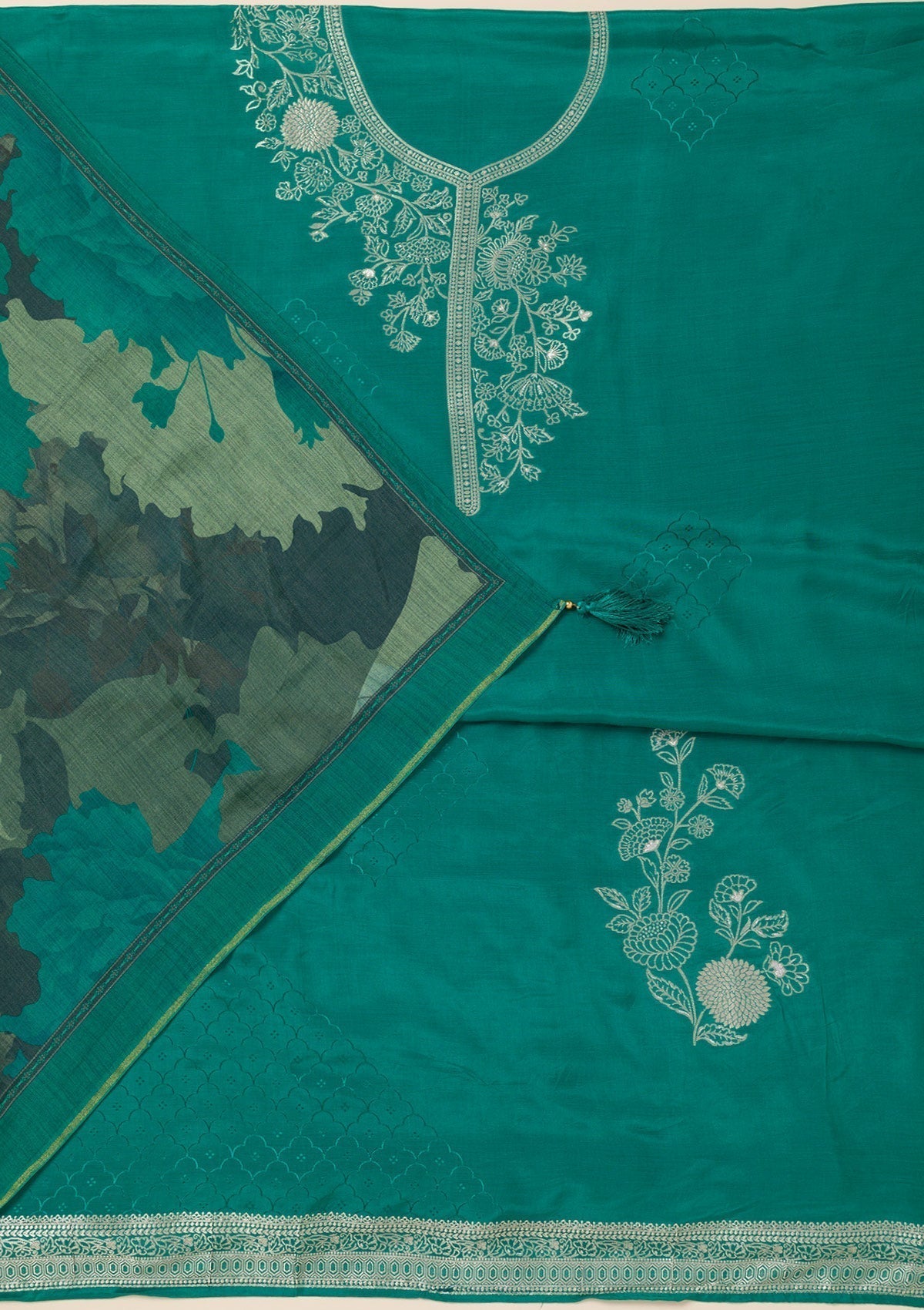 Sea Green Zariwork Art Silk Unstitched Salwar Suit