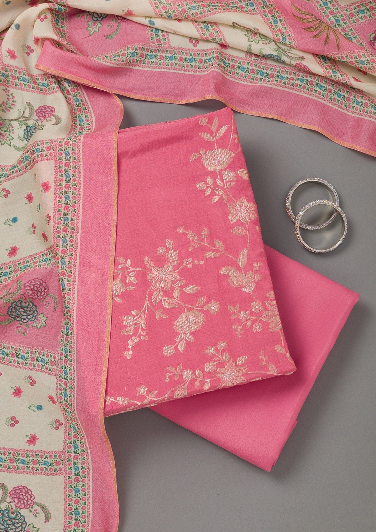 Pink Zariwork Art Silk Unstitched Salwar Suit