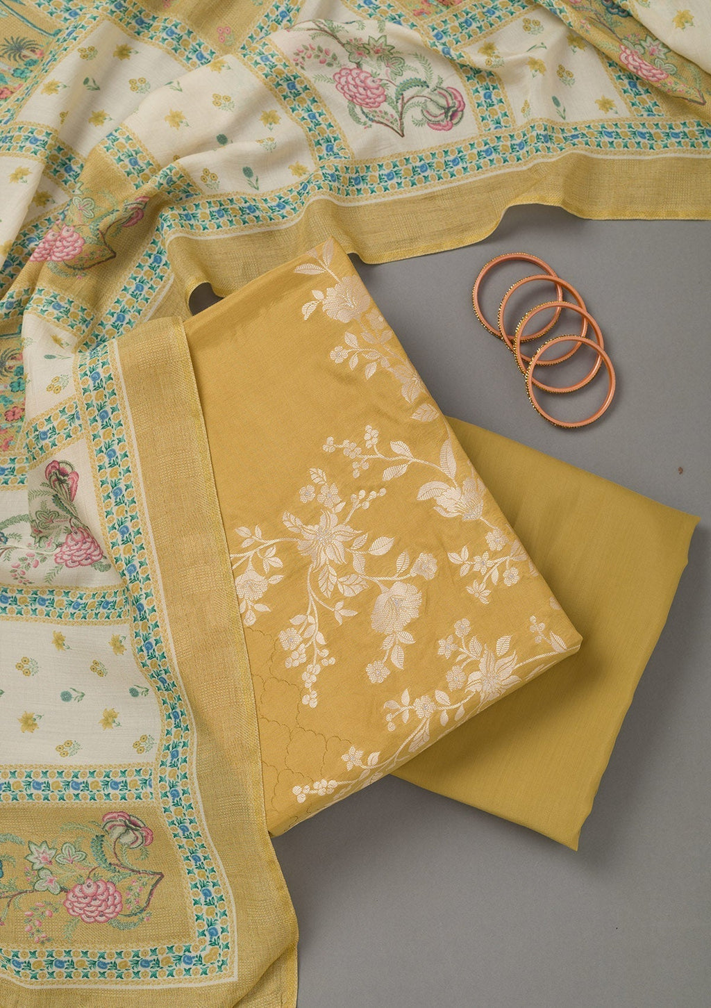 Mustard Yellow Zariwork Art Silk Unstitched Salwar Suit