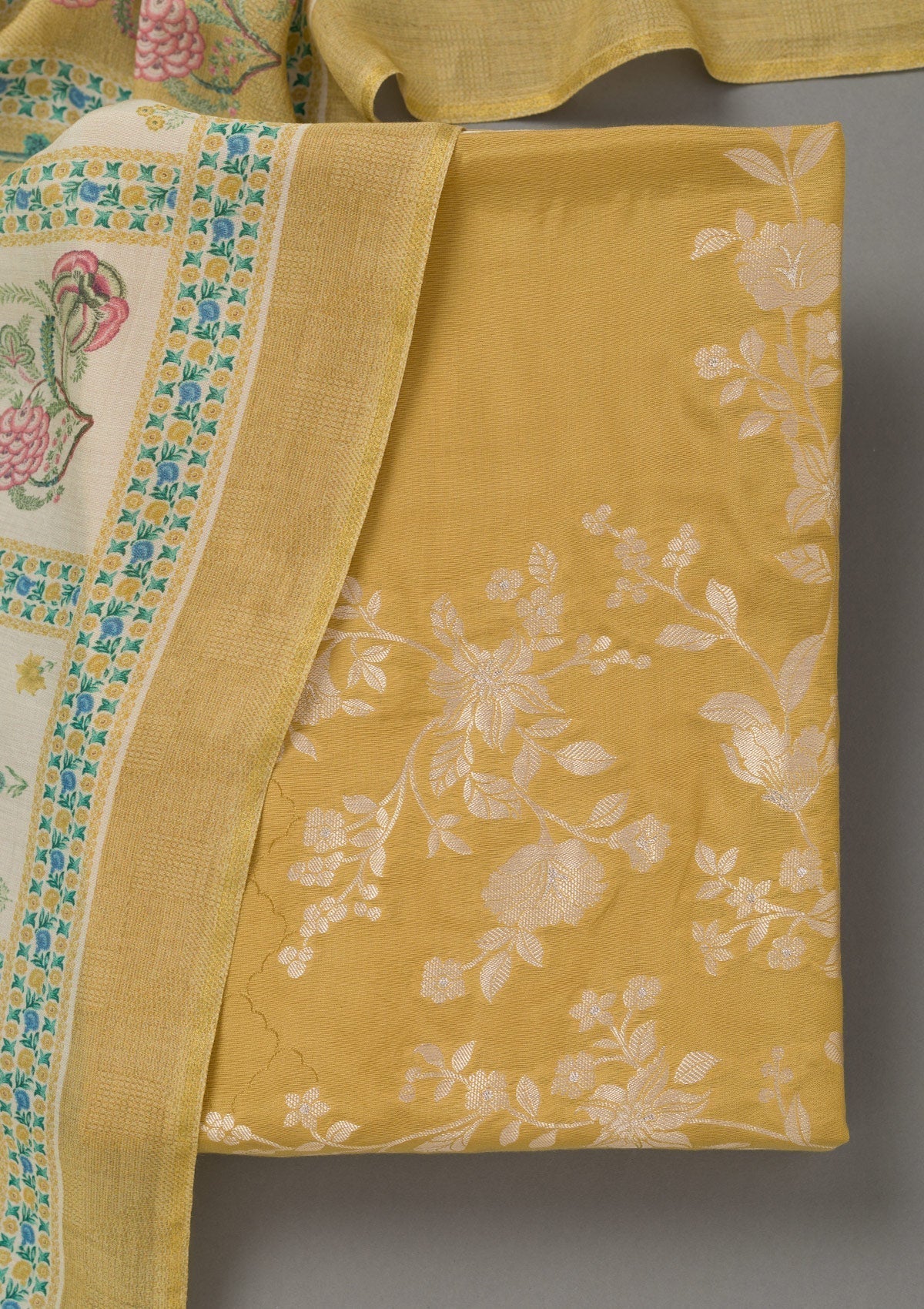 Mustard Yellow Zariwork Art Silk Unstitched Salwar Suit